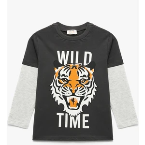 Uzun Kollu Bisiklet Yaka Kaplan Baskılı Pamuklu Tişört