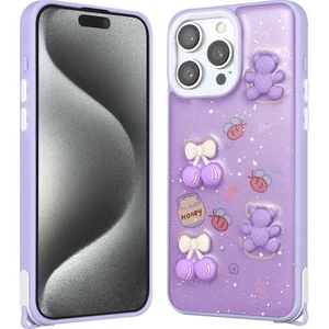 Apple iPhone 15 Pro Max Kılıf Parlayan Sıvılı Simli Kabartma Figürlü Zıvo Cevze Kapak-Mor Ayı