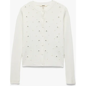 Düğmeli Uzun Kollu Bisiklet Yaka Triko Taşlı Hırka