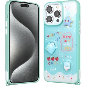 Apple iPhone 15 Pro Max Kılıf Parlayan Sıvılı Simli Kabartma Figürlü Zıvo Cevze Kapak-Yeşil