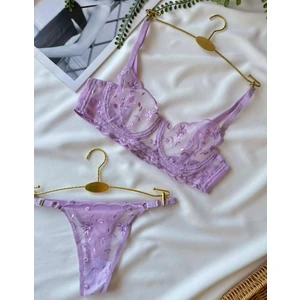 Kadın Lila Mor Nakış Işlemeli Transparan Iç Çamaşır Takımı