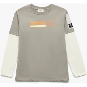 Renk Bloklu Bisiklet Yaka Baskılı Pamuklu Uzun Kollu Oversize Tişört