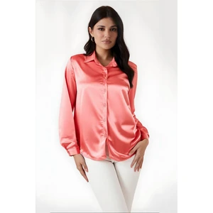 Kadın Somon Hafif Dökümlü Saten Yüzeyli Gömlek HZL22W-BD139641