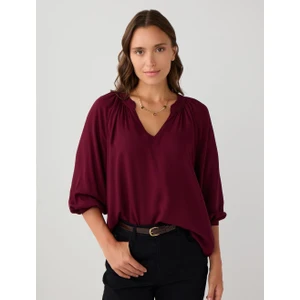 Jimmy Key Bordo V Yaka Truvakar Kol Rahat Kesim Dokuma Bluz