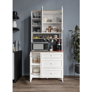 Stella Country Kahve Köşesi Beyaz-Meşe 90CM, Erzak Dolabı, Kiler Dolabı, Çok Amaçlı Mutfak Dolabı