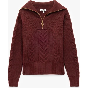 Saç Örgü Dokulu Yarım Fermuarlı Yaka Uzun Kollu Triko Kazak