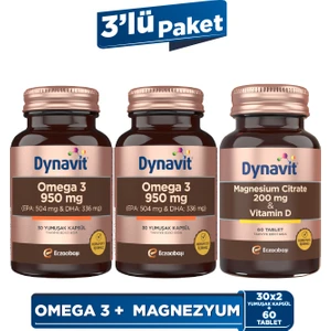 Omega 3 950 mg 30 Yumuşak Kapsül x2&Magnesium Citrate 200 mg, Vitamin D 60 Tablet-3'lü Destek Paketi