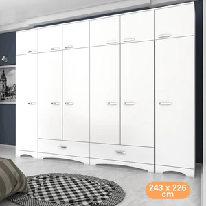 BA133 Geniş Gardırop Elbise Dolabı 12 Kapaklı 2 Çekmeceli 16 Raflı 2 Askılı Beyaz