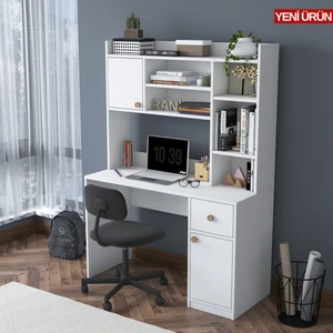 HA128 Kitaplıklı Raflı 2 Kapaklı 1 Çekmeceli Çalışma Ofis Bilgisayar Masası Beyaz