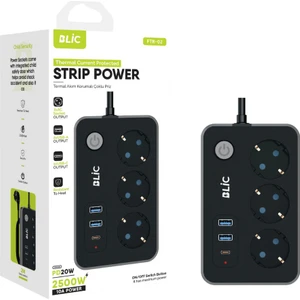 Akım Korumalı Priz, 3x Priz Soketi, 2x USB Girişi, 1x Type-C Girişi, Tasarruflu Uzatma Kablosu, Çocuk Korumalı Adaptör (2 Metre)