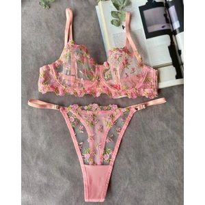 Kadın Pembe Çiçek Desenli Dantelli Iç Çamaşır Takımı