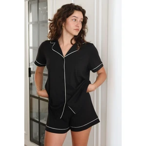 Modal Biyeli Şortlu Pijama Takımı / Siyah