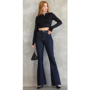 Kadın Yüksek Bel Ispanyol Paça Lacivert Denim Likralı Jean Pantolon