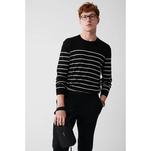 Erkek Siyah Rayon Triko Kazak Bisiklet Yaka Çizgili Regular Fit A32y5187