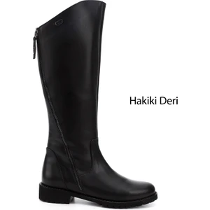 Kadın Siyah Çift Fermuarlı Kauçuk Taban Hakiki Deri Çizme