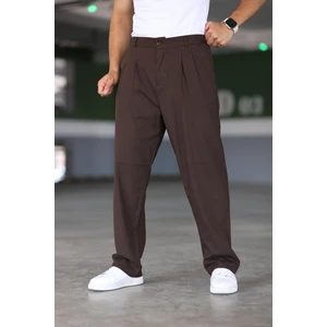 Baggy Çift Pileli Kahverengi Renk Beli Lastikli Kaliteli Rahat Kesim Klasik Bol Paça Baggy Pantolon