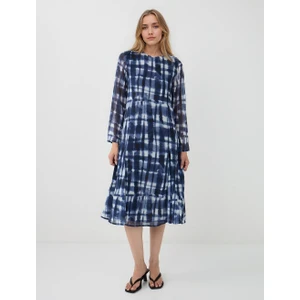 Jimmy Key Lacivert Bisiklet Yaka Uzun Kollu Desenli Midi Elbise