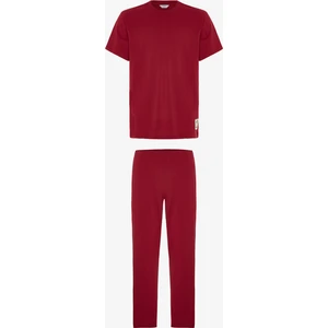 Bordo Erkek Slogan Baskılı Kısa Kollu Pamuklu Pijama Takımı