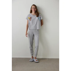 Gri Melanj Tom & Jerry Baskılı Pamuklu Kısa Kollu Pijama Takımı