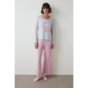 Açık Gri Melanj Not Today Baskılı U Yaka Uzun Kollu Pijama Üstü
