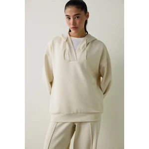 Bej Silky Feel Oversize V Yaka Kapüşonlu Sweatshirt