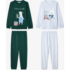 Ekru Erkek Çocuk Tavşan Desenli Uzun Kollu Pamuklu 2'li Pijama Takımı