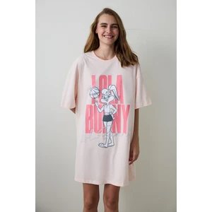 Açık Pembe Looney Tunes Lola Bunny Kısa Kollu Termal Etkisi Gecelik