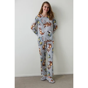 Gri Melanj Friends Baskılı Bisiklet Yaka Pamuklu Uzun Kollu Pijama Takımı