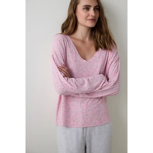 Açık Pembe Not Today Çiçekli V Yaka Uzun Kollu Pijama Üstü