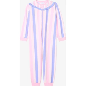 Açık Pembe Kız Çocuk Çizgili Fermuarlı Pijama Tulum