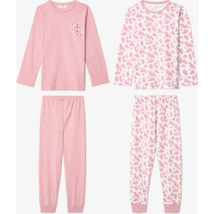 Pembe Kız Çocuk İnek Desenli Uzun Kollu 2li Pijama Takımı