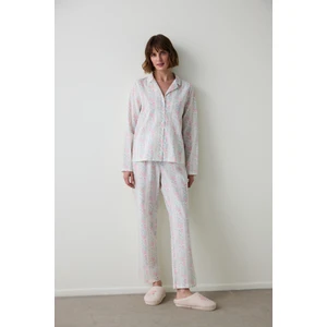 Gardenya Cute Flowers Çiçekli Gömlek Yaka Uzun Kollu Pijama Takımı