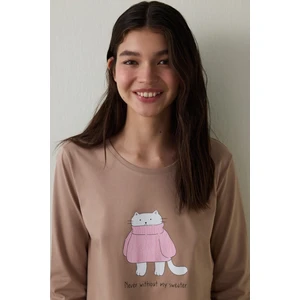 Bej Ent Bisiklet Yaka Slogan Baskılı Pamuklu Sweatshirt Pijama Takımı