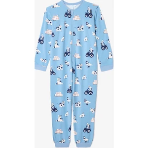 Mavi Erkek Çocuk Farm Inek Desenli Fermuarlı Pijama Tulum
