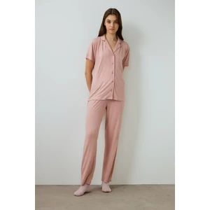 Gül Kurusu Emma Fitilli Gömlek Yakalı Kısa Kollu Pijama Takımı