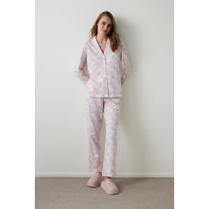 Çiçekli Gömlek Yaka Uzun Kollu Pamuklu Pijama Takımı