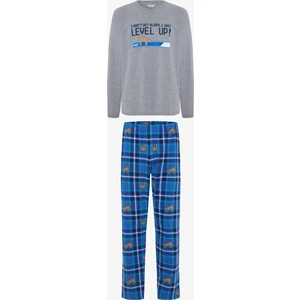 Erkek Level Slogan Baskılı Bisiklet Yaka Uzun Kollu Pijama Takımı