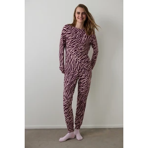 Bordo Zebra Desenli Bisiklet Yaka Uzun Kollu Pijama Takımı