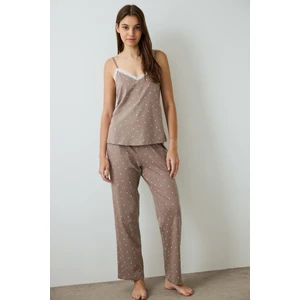 Koyu Bej Pamuklu  Mia Mocha Dantelli Puantiyeli V Yaka Kolsuz Pijama Takımı