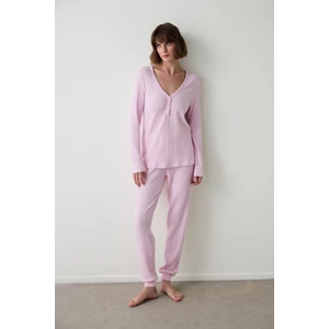 Açık Pembe Cozy Time V Yaka Uzun Kollu Pijama Takımı