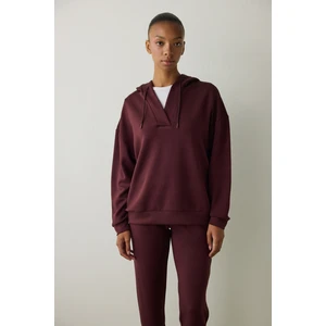 Bordo Silky Feel V Yaka Oversize Kapüşonlu Sweatshirt