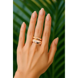 Gold 2'li Zirkon Taşı Bombeli Yüzük Seti