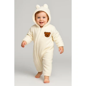 Bebek Peluş Tulum Çapraz Fermuarlı Ayıcık Figürlü Kapüşonlu Tulum