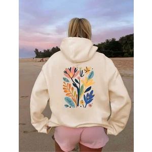 Çiçek Sulu Boyalı Arkası Baskılı Kapüşonlu Cepli Içi Yünlü Bej Sweatshirt