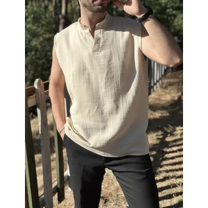Sıfır Kol Hakim Yaka Bej Müslin Kumaş Yazlık Erkek T-Shirt