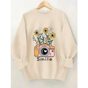 Smile Çiçek Hoodie Baskılı Bisiklet Yaka Bej Sweatshirt