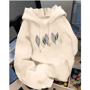 Palmiye Yaprağı Baskılı Kapüşonlu Cepli Pamuklu Bej Sweatshirt