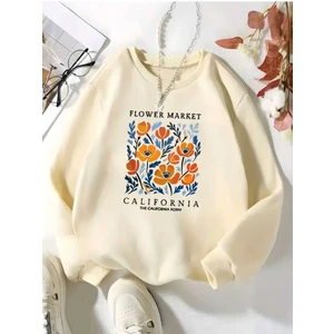 Flower Market Baskılı Bisiklet Yaka Bej Sweatshirt