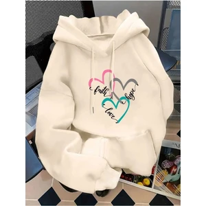Faith Hope Love Baskılı Kapüşonlu Cepli Içi Yünlü Bej Sweatshirt