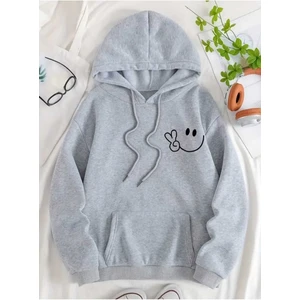 Gülümseyen Yüz Göğüs Baskılı Kapüşonlu Cepli Içi Yünlü Gri Sweatshirt